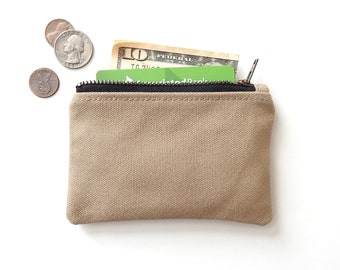 Beige Canvas Wallet, Coin Purse, Mini Zipper Pouch