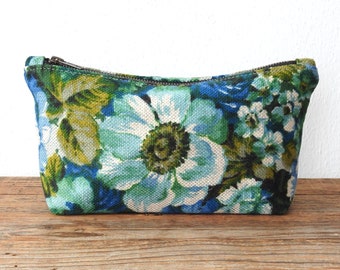 Blue Teal Floral Cosmetic Bag, Toiletry Pouch, Vintage Fabric