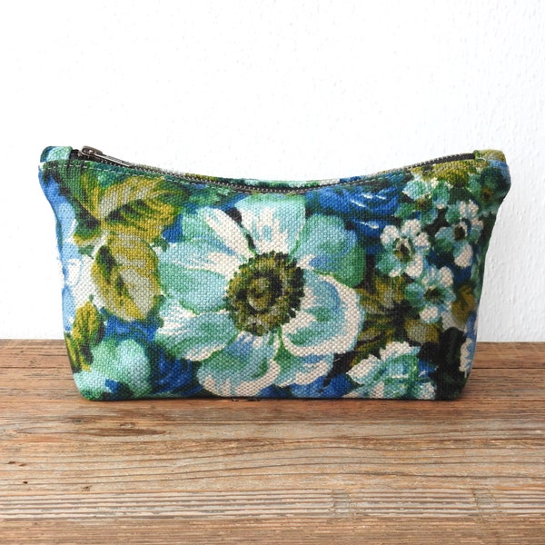 Blue Teal Floral Cosmetic Bag, Toiletry Pouch, Vintage Fabric