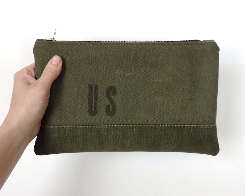 Recycled Canvas Pouch Large Clutch Carryall Pouch Military Canvas