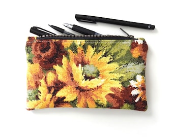 Yellow Floral Pencil Case, Medium Zipper Pouch, Vintage Fabric