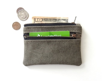 Cartera de lona desgastada verde oliva, monedero con cremallera doble