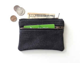 Black Distressed Canvas Wallet, Coin Purse, Double Zipper Pouch