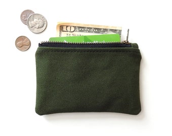 Green Canvas Wallet, Coin Purse, Mini Zipper Pouch