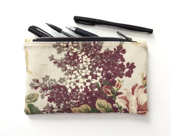 Lilac Floral Pencil Case, Medium Zipper Pouch, Vintage Fabric