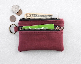 Maroon Canvas Keychain Wallet, Double Zipper Coin Purse