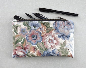 Floral Linen Pencil Case, Medium Zipper Pouch, Vintage Fabric