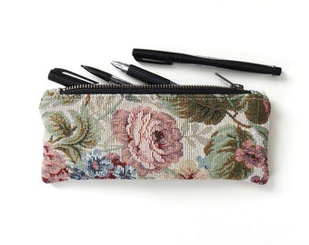 Estuche para lápices floral, estuche con cremallera, tela de tapiz vintage.