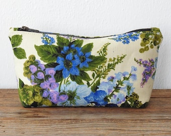 Blue Floral Cosmetic Bag, Toiletry Pouch, Vintage Fabric