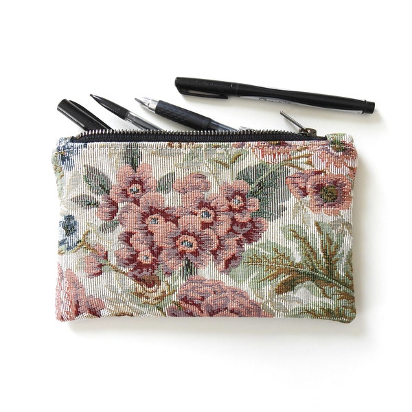 Tapestry Pencil Case, Medium Zipper Pouch, Vintage Floral Fabric
