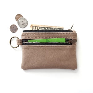 Cartera de llavero de lona bronceada, monedero de moneda con doble cremallera