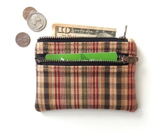 Plaid Wallet, Double Zipper Coin Purse, Vintage Fabric