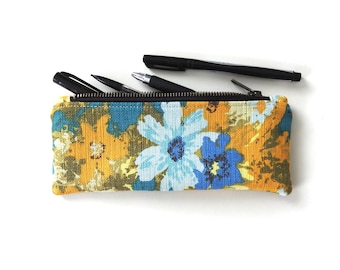 Floral Pencil Case, Blue Yellow Floral Vintage Fabric
