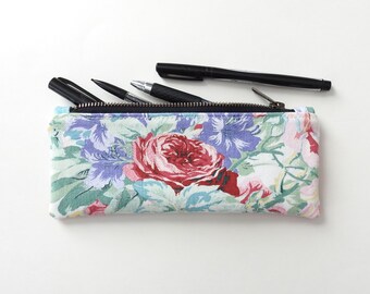 Estuche de tela vaquera con estampado floral, con cremallera, tela vintage