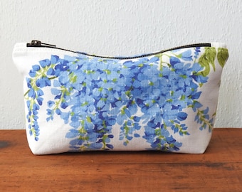 Neceser de cosméticos Blue Wisteria, neceser de aseo, tela de lino vintage