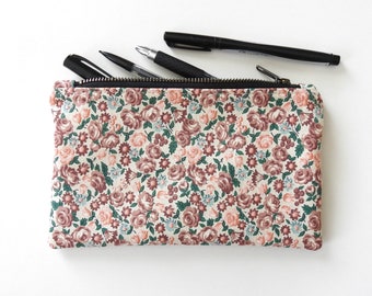 1950s Pink Floral Pencil Case, Medium Zipper Pouch, Vintage Canvas Fabric