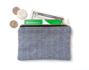 Slim Wallet Coin Purse Zipper Pouch Blue Herringbone Denim Fisher Stripe