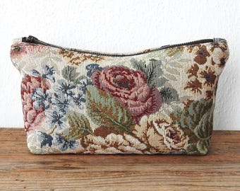 Cosmetic Bag, Toiletry Pouch, Vintage Floral Tapestry Fabric