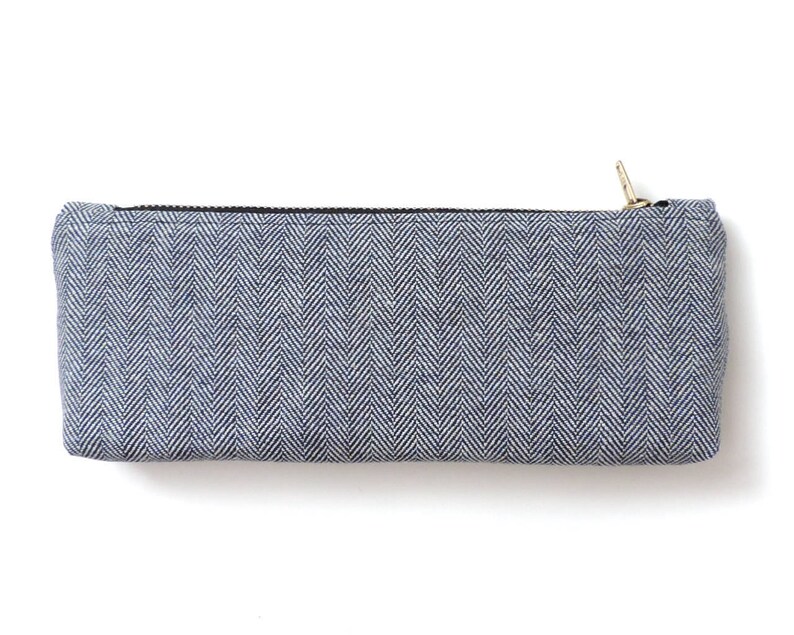 Double Zipper Pouch Fisher Stripe Blue Herringbone Pencil Case