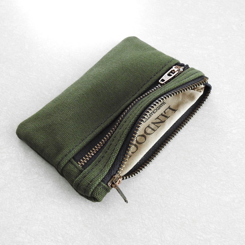 Green Canvas Wallet, Coin Purse, Double Zipper Pouch image 4