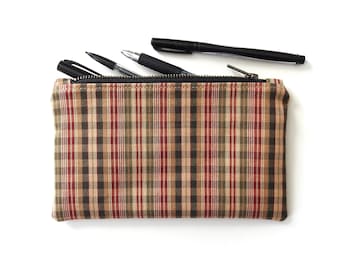 Plaid Pencil Case, Medium Zipper Pouch, Vintage Fabric