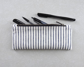 Recycled Ticking Stripe Pencil Case, Zipper Pouch, Vintage Fabric