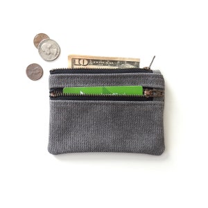 Cartera de lona desgastada gris, monedero, estuche con cremallera doble