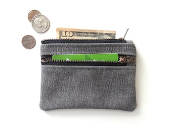 Gray Distressed Canvas Wallet, Coin Purse, Double Zipper Pouch