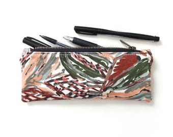 Estuche para lápices floral, estuche con cremallera, tela vintage, hojas abstractas