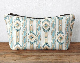 Floral Stripe Cosmetic Bag, Toiletry Pouch, Vintage Ticking Fabric