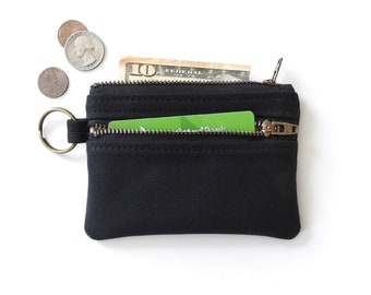 Black Canvas Keychain Wallet Pouch, Double Zipper Coin Purse