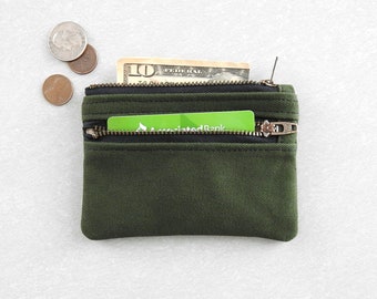 Green Canvas Wallet, Coin Purse, Double Zipper Pouch