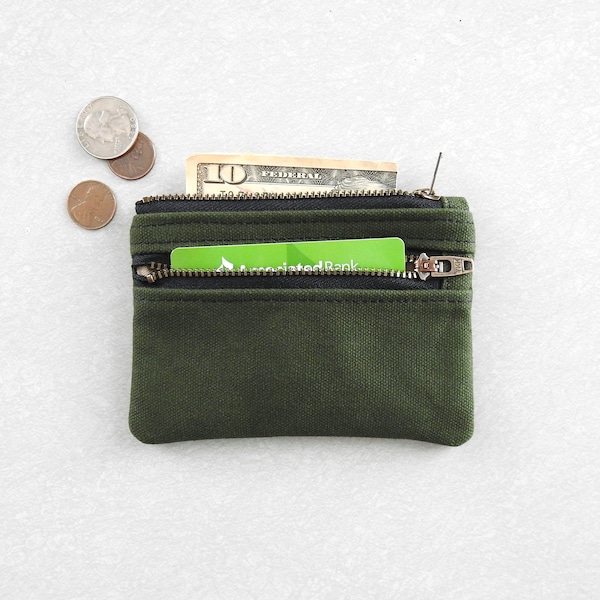 Green Canvas Wallet, Coin Purse, Double Zipper Pouch