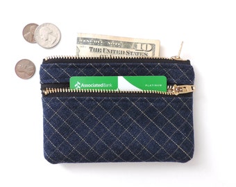 Wallet Coin Purse Double Zipper Pouch Grid Denim
