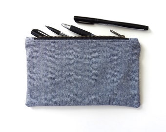 Blue Herringbone Pencil Case, Medium Zipper Pouch, Vintage Fabric