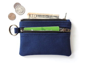 Blue Canvas Keychain Wallet, Double Zipper Coin Purse