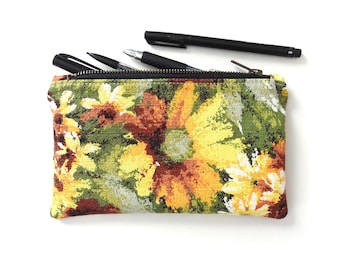 Yellow Floral Pencil Case, Medium Zipper Pouch, Vintage Fabric