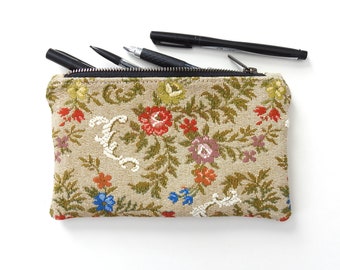 Tapestry Pencil Case, Medium Zipper Pouch, Vintage Floral Fabric