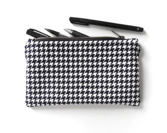 Corduroy Houndstooth Pencil Case, Medium Zipper Pouch, Vintage Fabric