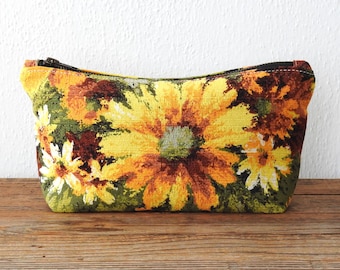Yellow Floral Cosmetic Bag, Toiletry Pouch, Vintage Fabric