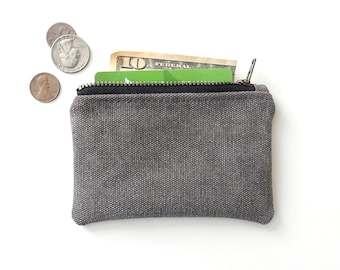 Gray Distressed Canvas Wallet, Coin Purse, Mini Zipper Pouch.  Handmade By Lindock