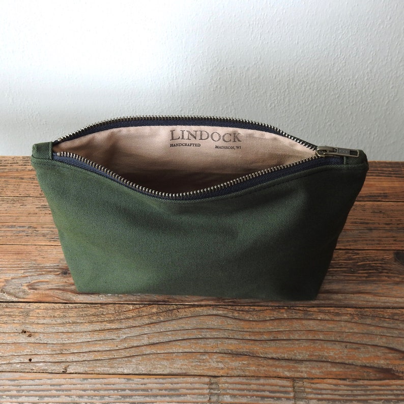 Green Canvas Toiletry Bag, Large Cosmetic Bag image 6