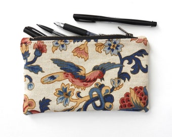 Linen Pencil Case, Medium Zipper Pouch, Vintage Bird Fabric