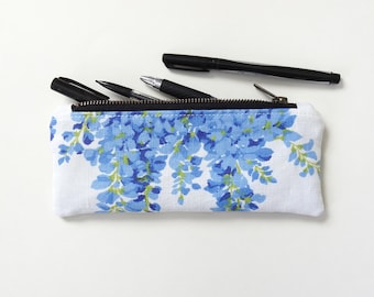 Estuche para lápices Blue Wisteria, estuche con cremallera, tela de lino vintage.
