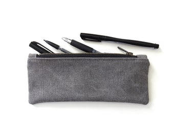 Gray Distressed Canvas Pencil Case, Zipper Pouch
