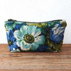 Blue Teal Floral Cosmetic Bag, Toiletry Pouch, Vintage Fabric