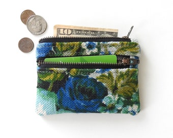 Floral Double Zipper Wallet, Coin Purse, Vintage Fabric