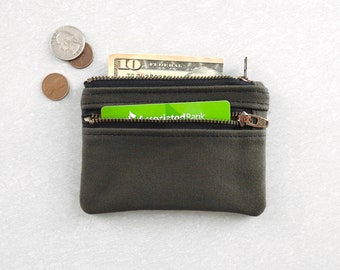 Canvas Wallet, Coin Purse, Double Zipper Pouch, Dark Olive Drab.  Handmade By Lindock.