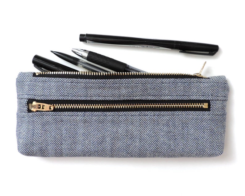 Double Zipper Pouch Fisher Stripe Blue Herringbone Pencil Case