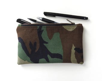 Recycled Military Camo Pencil Case, Medium Zipper Pouch, Vintage Fabric